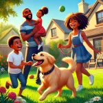 A joyful family playing with a friendly Golden Retriever in their backyard. The family includes two young children, a boy and a girl, who are laughing and having fun as they engage with the dog. The scene is set in a sunny backyard with green grass, flowers, and trees, capturing a warm and heartwarming moment